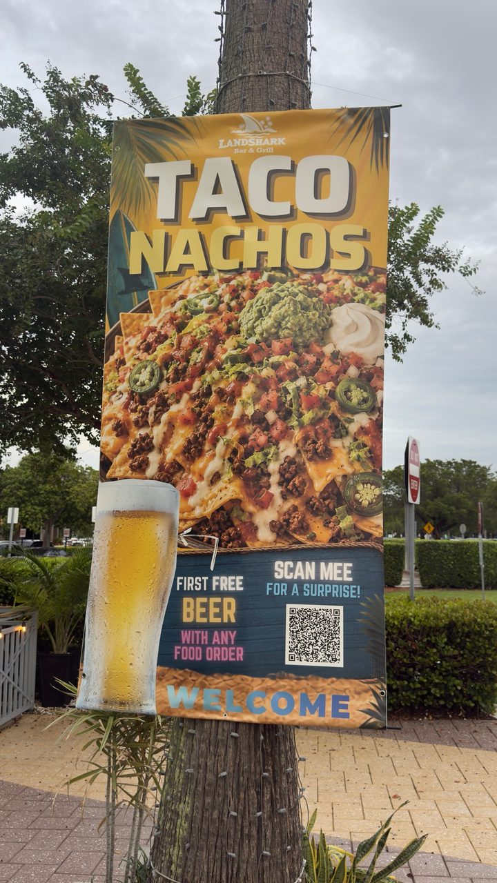 A banner hanging on a palm tree, on the street